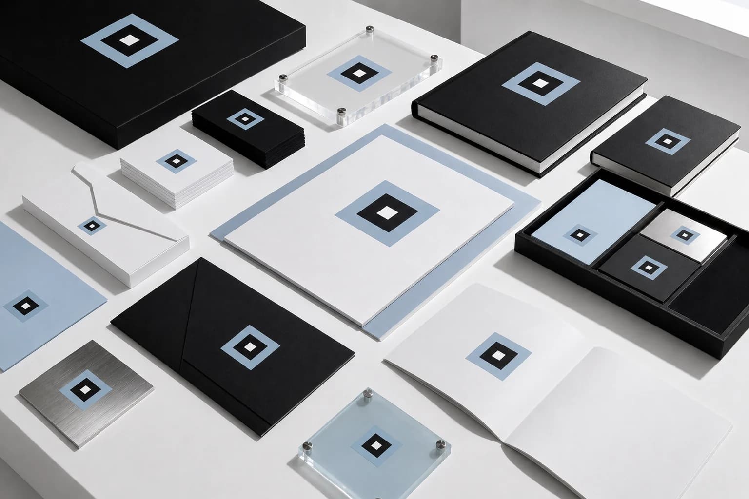 A precise black, white, and ice-blue identity system